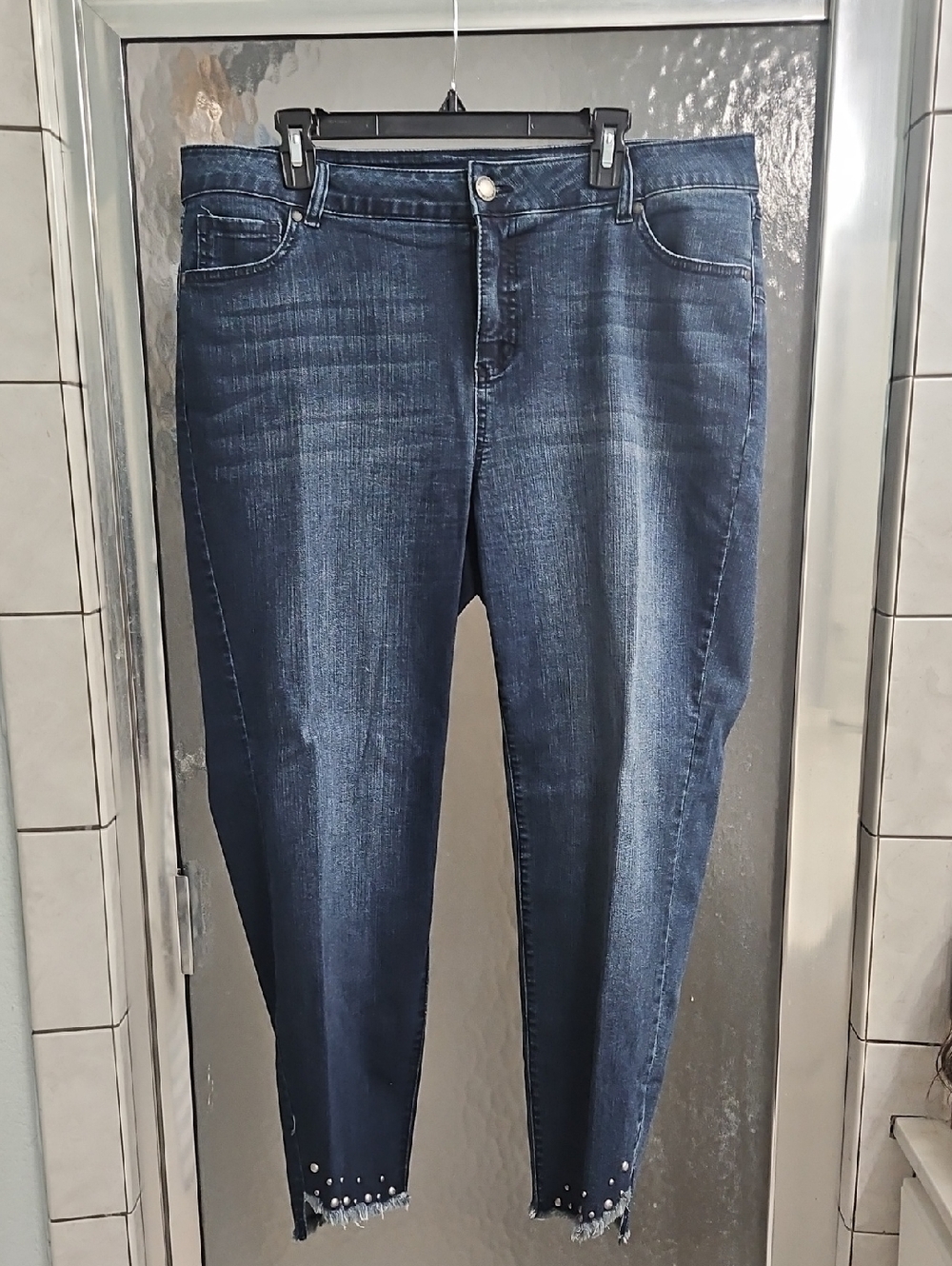 Women's Dark Blue Ankle Skinny Jeans with Frayed Hem